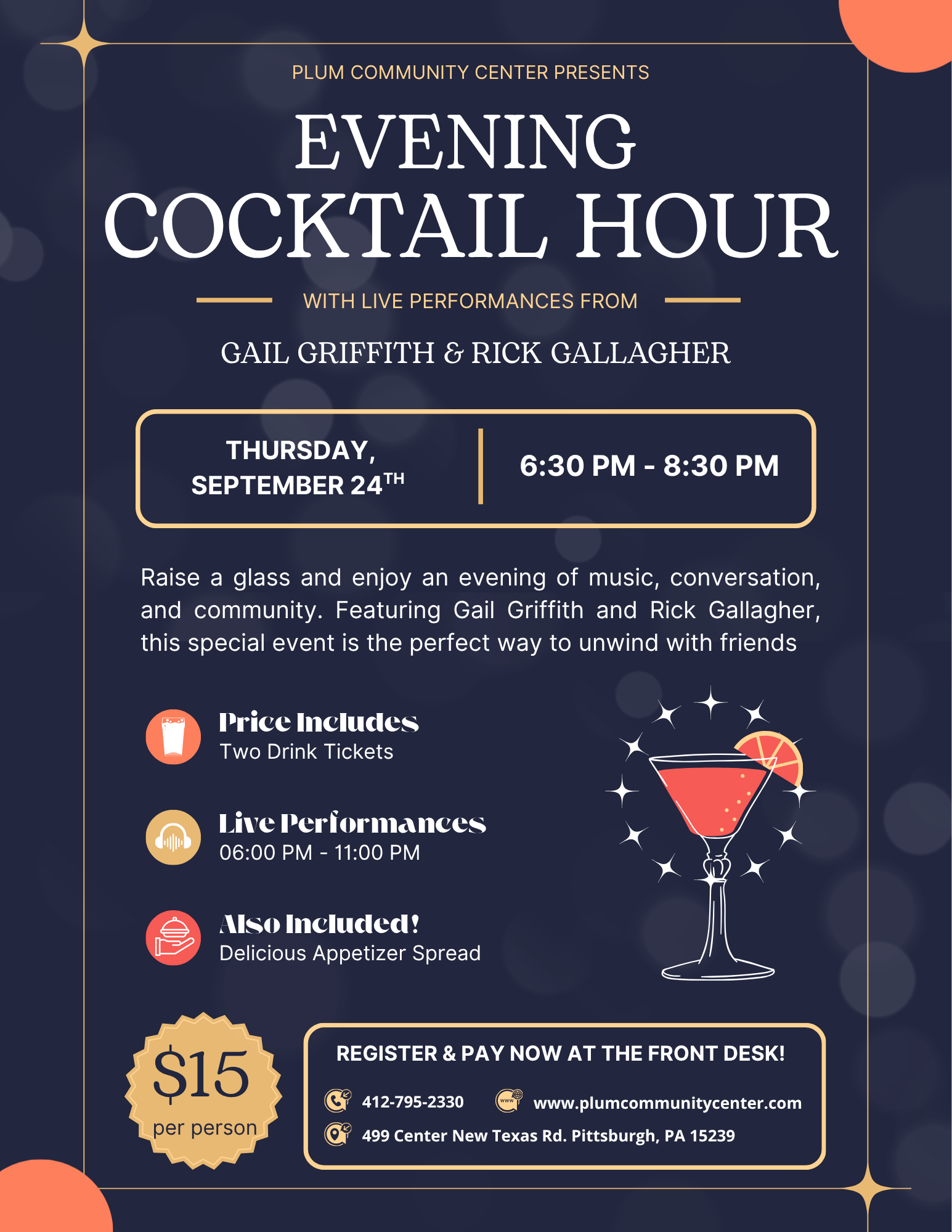 Event flyer for an evening cocktail hour at Plum Community Center, featuring live performances by Gail Griffith and Rick Gallagher on September 24th from 6:30 PM to 8:30 PM, with food and drink options, event price of $15 per person, and registration details at the center in Pittsburgh.