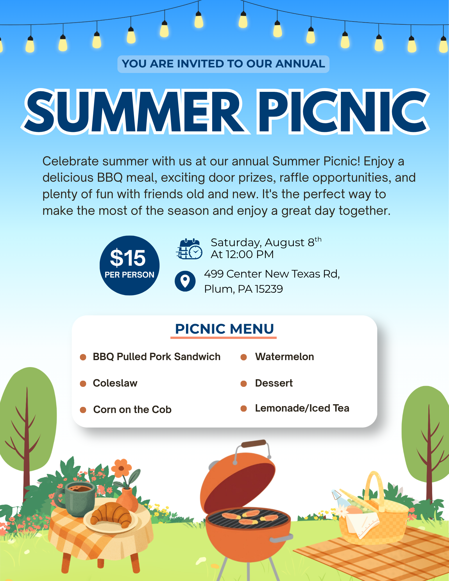 Invitation to a summer picnic with decorative string lights at the top. Details include date and time: Saturday, August 8th at 12:00 PM, location: 499 Center New Texas Rd, Plum, PA. The menu features BBQ pulled pork sandwich, watermelon, coleslaw, dessert, corn on the cob, lemonade, and iced tea. The scene depicts an outdoor setting with trees, a picnic blanket with food and flowers, and a barbecue grill with cooking ribs.