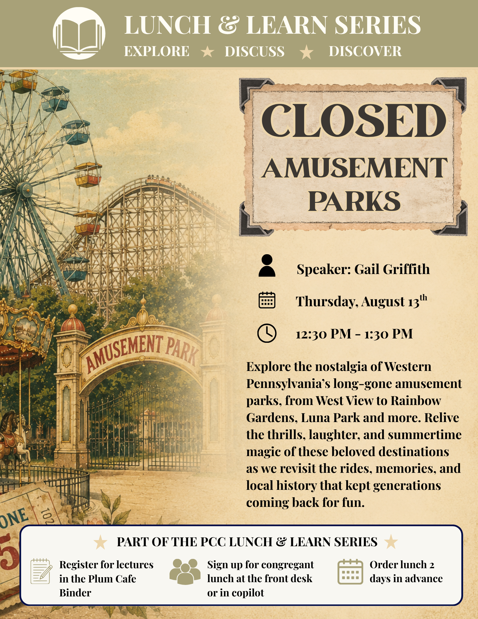 A vintage-style amusement park entrance with a Ferris wheel and roller coaster in the background. A sign indicates the park is closed. The event details mention a lecture series with speakers, date, and time. The design has a nostalgic, old-fashioned theme with decorative elements.
