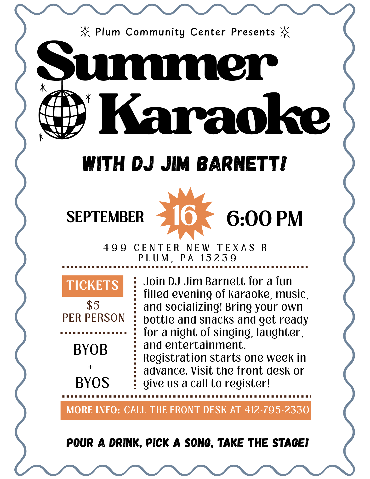Flyer for Summer Karaoke event presented by Plum Community Center, featuring DJ Jim Barnett. The event is on September 16 at 6:00 PM at 499 Center New Texas Road, Plum, PA 15239. Tickets cost $5 per person. The flyer includes details about a fun-filled evening of karaoke, music, socializing, bringing snacks and drinks, and registration information.