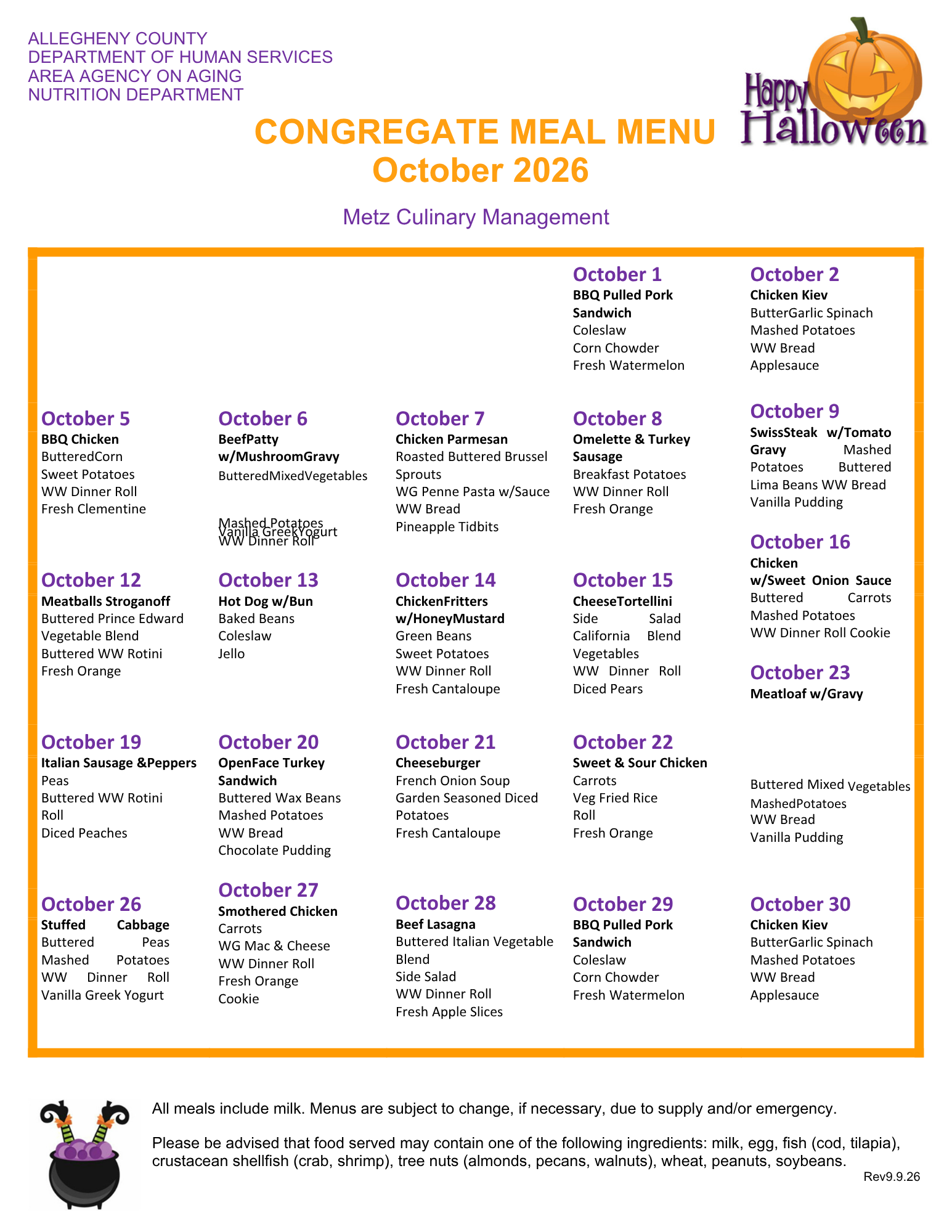 August 2026 week menu from the Allegheny County Department of Human Services Nutrition Department, featuring a seafood theme with pictures of starfish, shells, and sand.