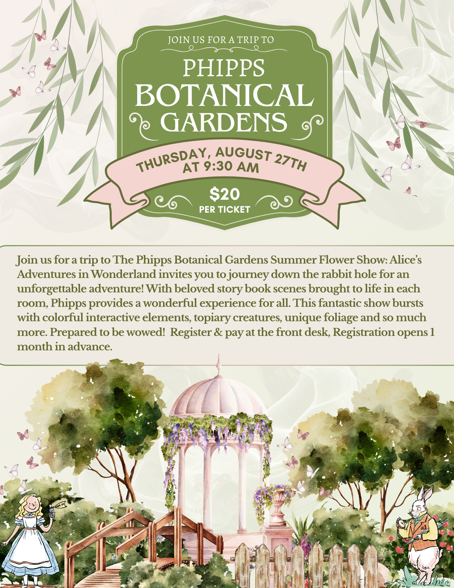 Invitation to a trip to Phipps Botanical Gardens featuring colorful illustrations of trees, flowers, butterflies, and a gazebo, with characters a girl holding a sign and a llama wearing glasses.