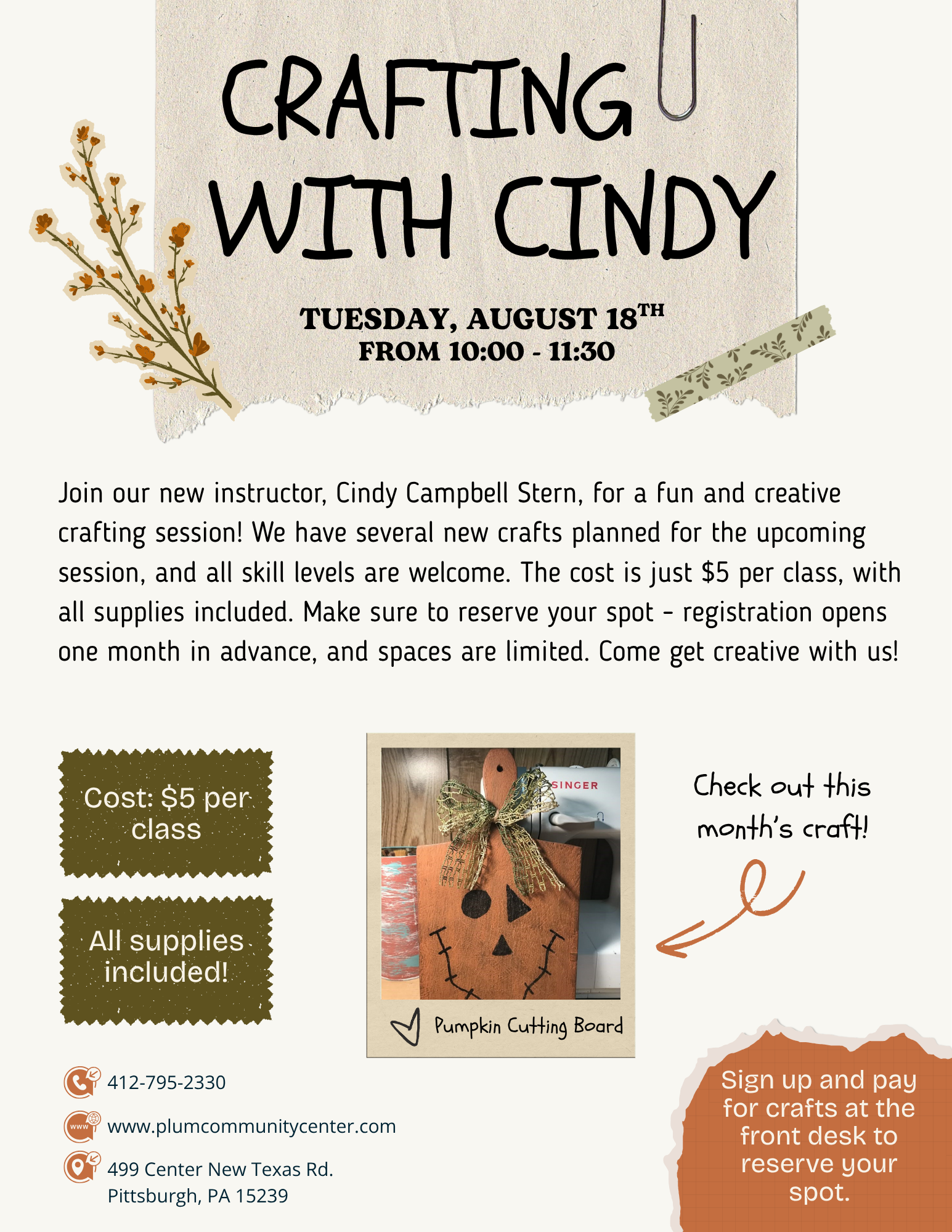 Flyer for a crafting session with Cindy. It includes details about the date, time, cost, location, and contact information, with decorative leaves and tape accents.