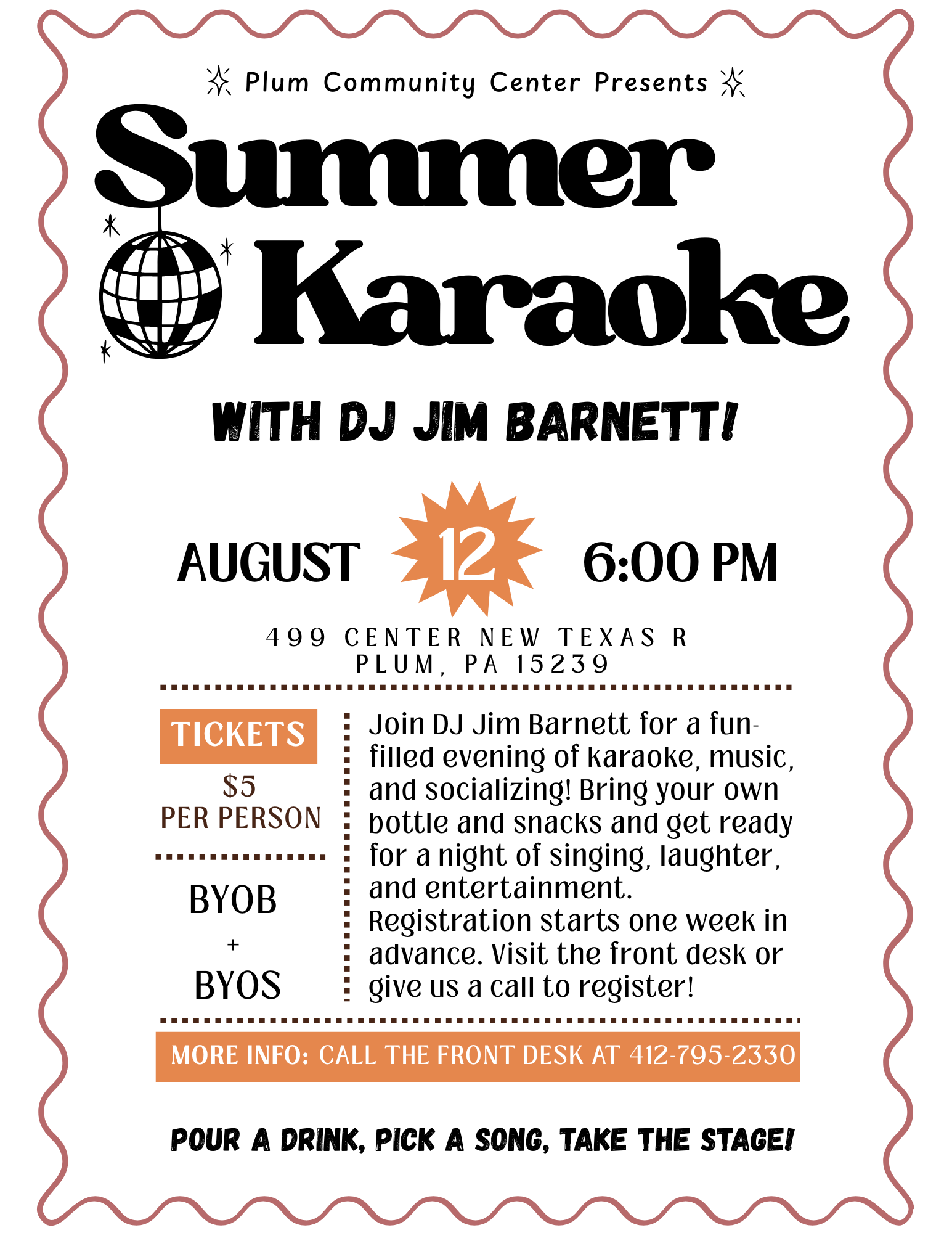 Event poster for Summer Karaoke at Plum Community Center on August 12th at 6:00 PM, located at 499 Center, New Texas R, Plum, PA 15239. Features a black and white disco ball graphic, text details, ticket info, and registration instructions.