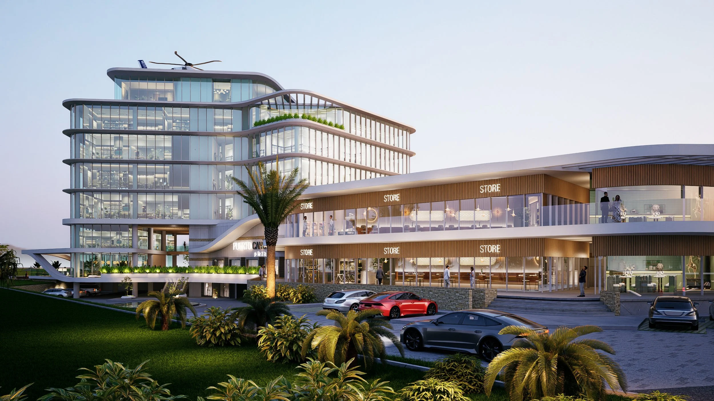 Edifico moderno de lujo y exlucivo de usos mixtos (comercial/habitacional/vivenda vertical) en Puerto Cancún, elaborado por el despacho AD&P en colaboracion con el arquitecto Nabil Chaman