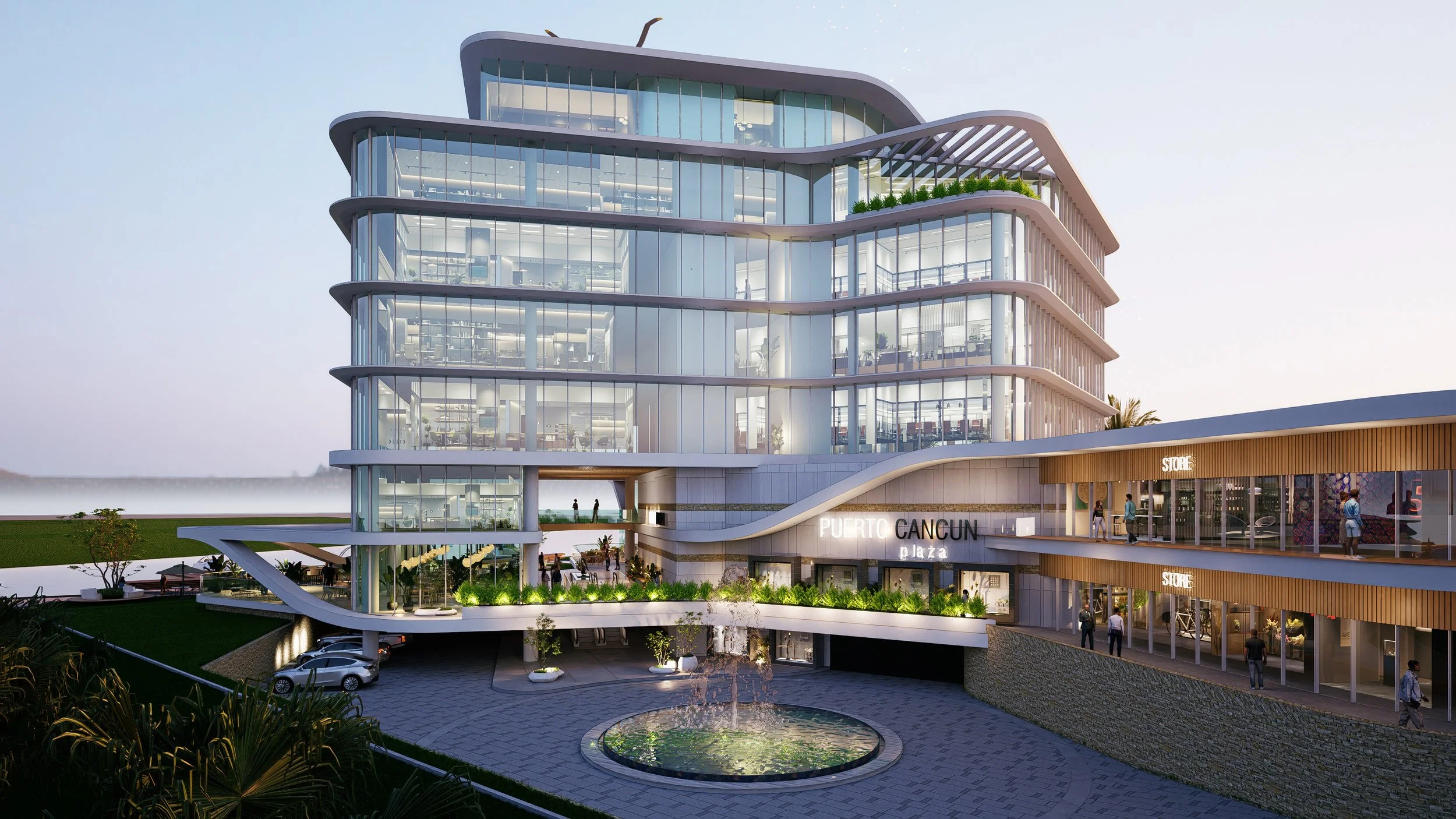 Edifico moderno de lujo y exlucivo de usos mixtos (comercial/habitacional/vivenda vertical) en Puerto Cancún, elaborado por el despacho AD&P en colaboracion con el arquitecto Nabil Chaman