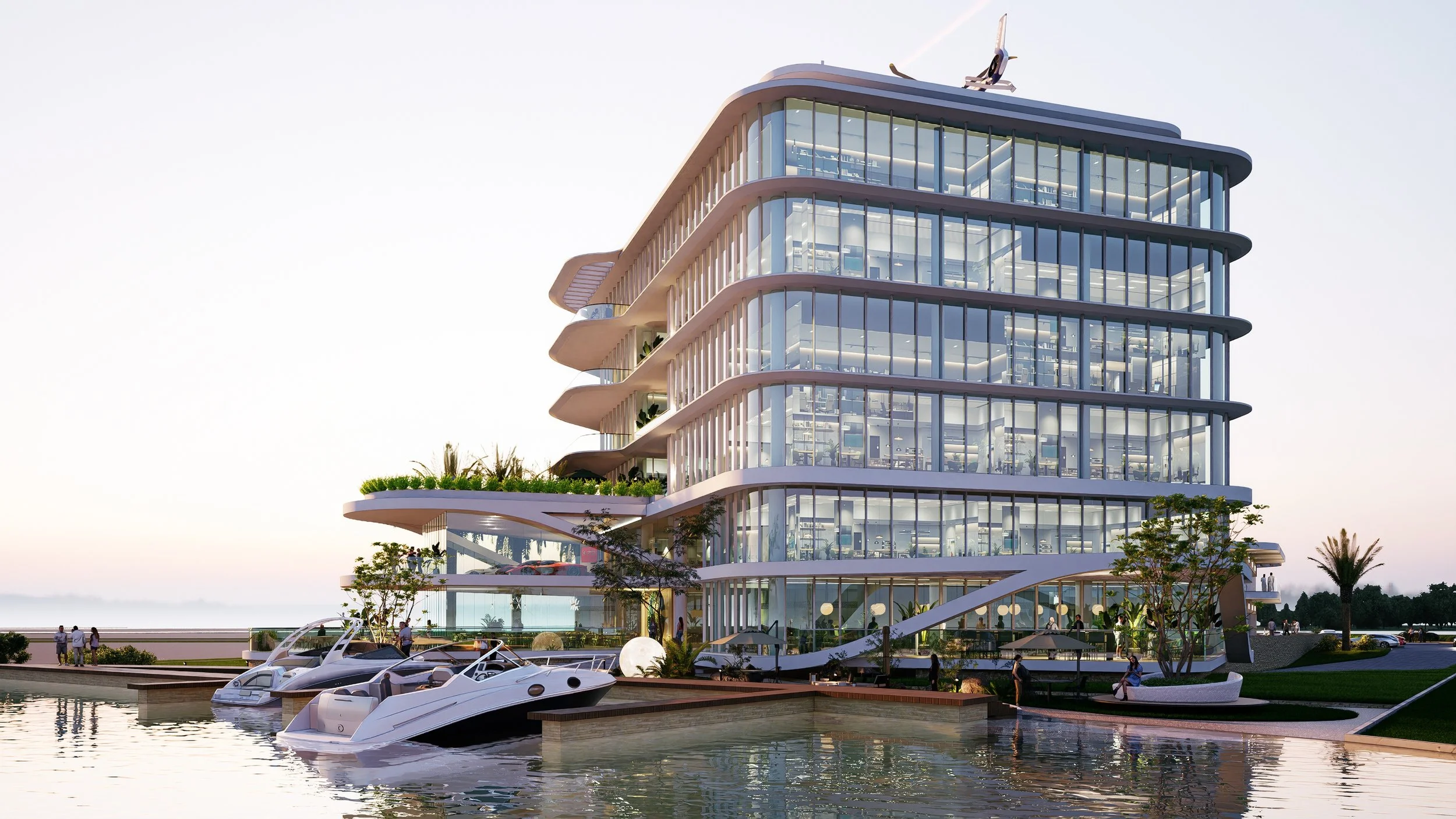 Edifico moderno de lujo y exlucivo de usos mixtos (comercial/habitacional/vivenda vertical) en Puerto Cancún, elaborado por el despacho AD&P en colaboracion con el arquitecto Nabil Chaman