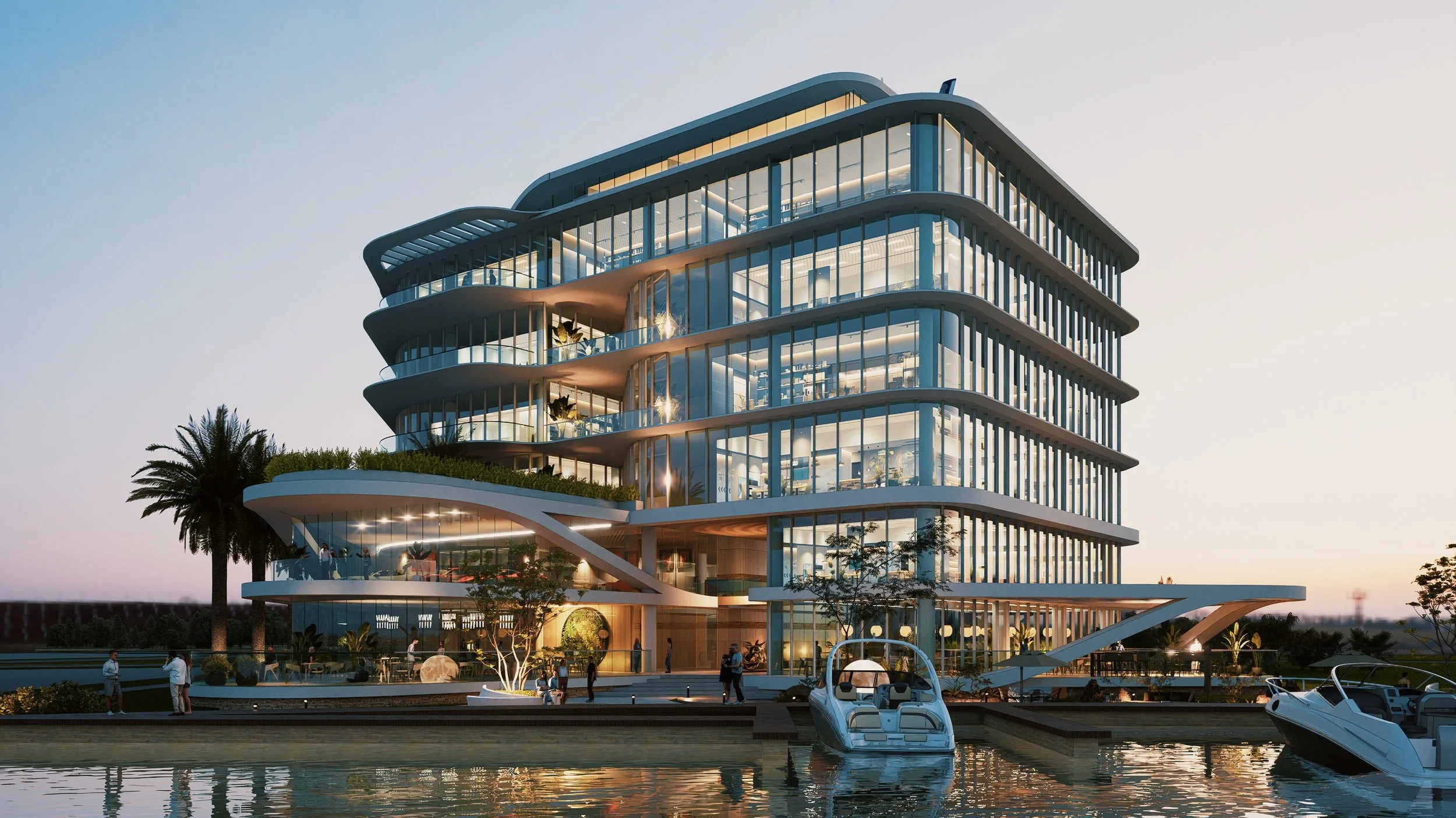 Edifico moderno de lujo y exlucivo de usos mixtos (comercial/habitacional/vivenda vertical) en Puerto Cancún, elaborado por el despacho AD&P en colaboracion con el arquitecto Nabil Chaman