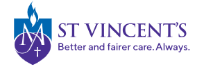 St. Vincent's logo with a purple shield featuring a white cross and a flame, and the text 'ST. VINCENT'S Better and fairer care. Always.'