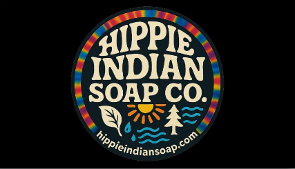 Logo of Hippie Indian Soap Co. with colorful border, with text and symbols including a leaf, sun, pine tree, and water waves.