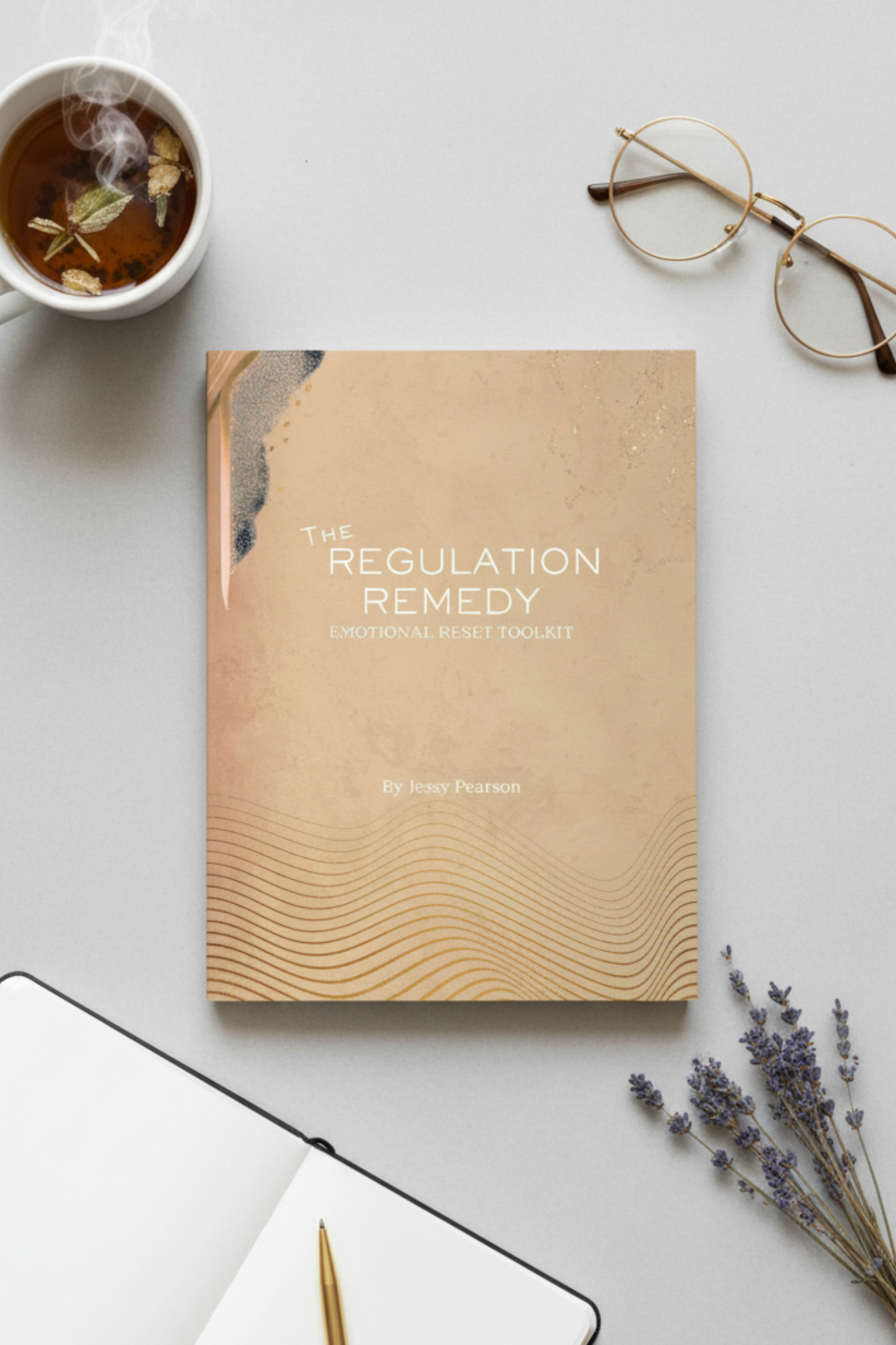 Book cover titled 'The Regulation Remedy: Emotional Reset Toolkit' by Jessy Pearson, featuring a beige textured background with gold wavy lines at the bottom and decorative elements in the top left corner.