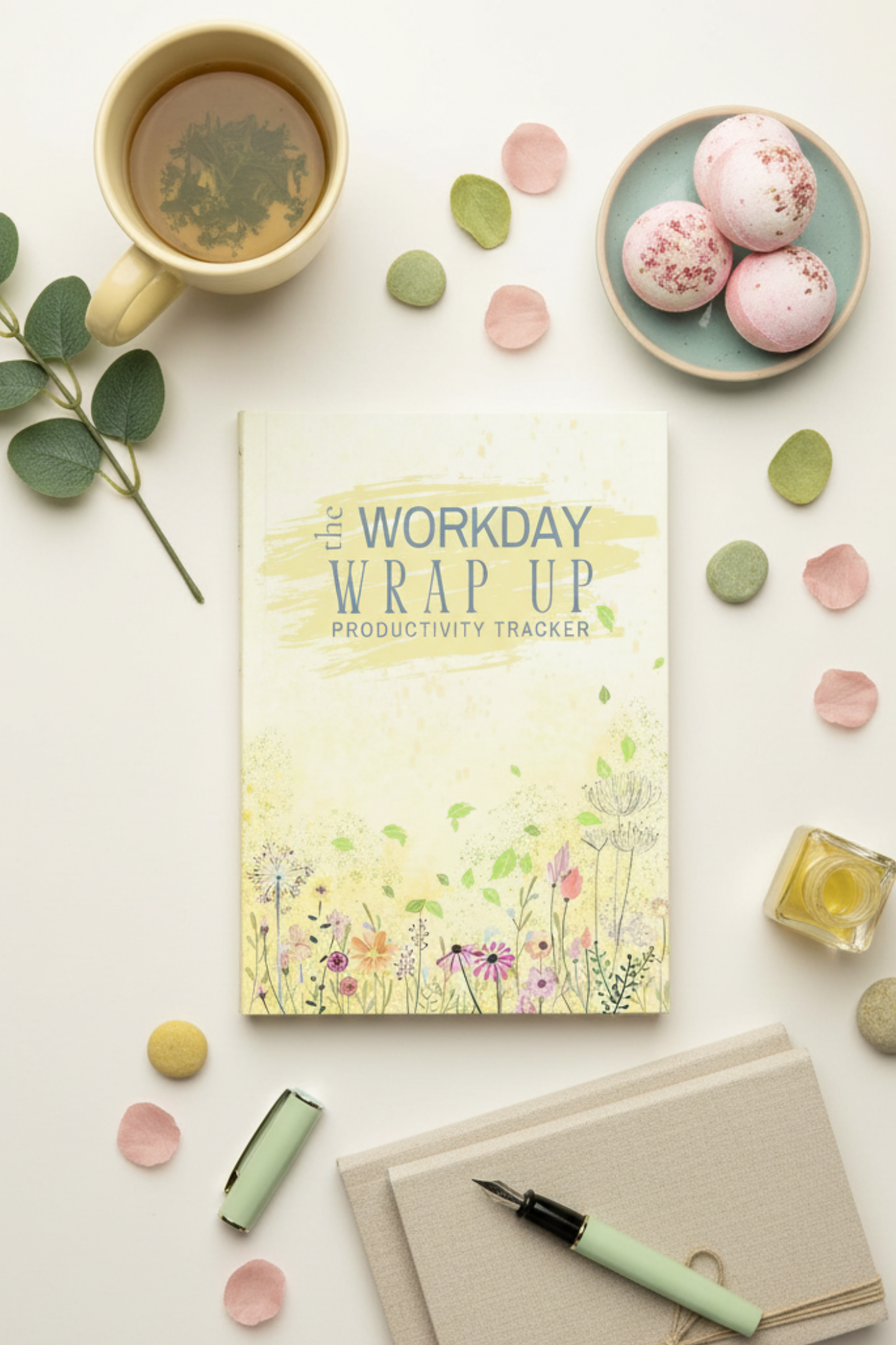 A floral-themed productivity tracker titled 'The Workday Wrap Up' with a background of flowers and falling leaves.
