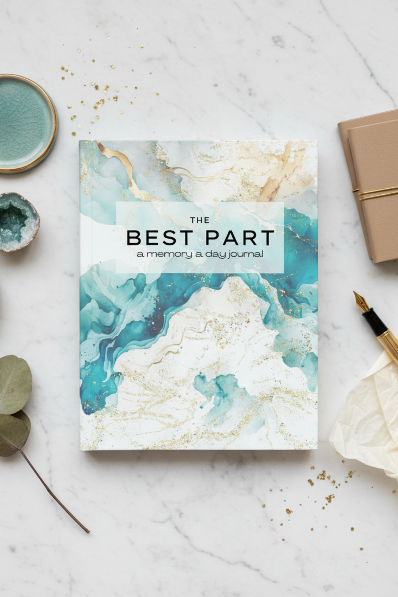 Cover of a memory journal titled 'The Best Part' with a watercolor background of blue, beige, and gold accents.