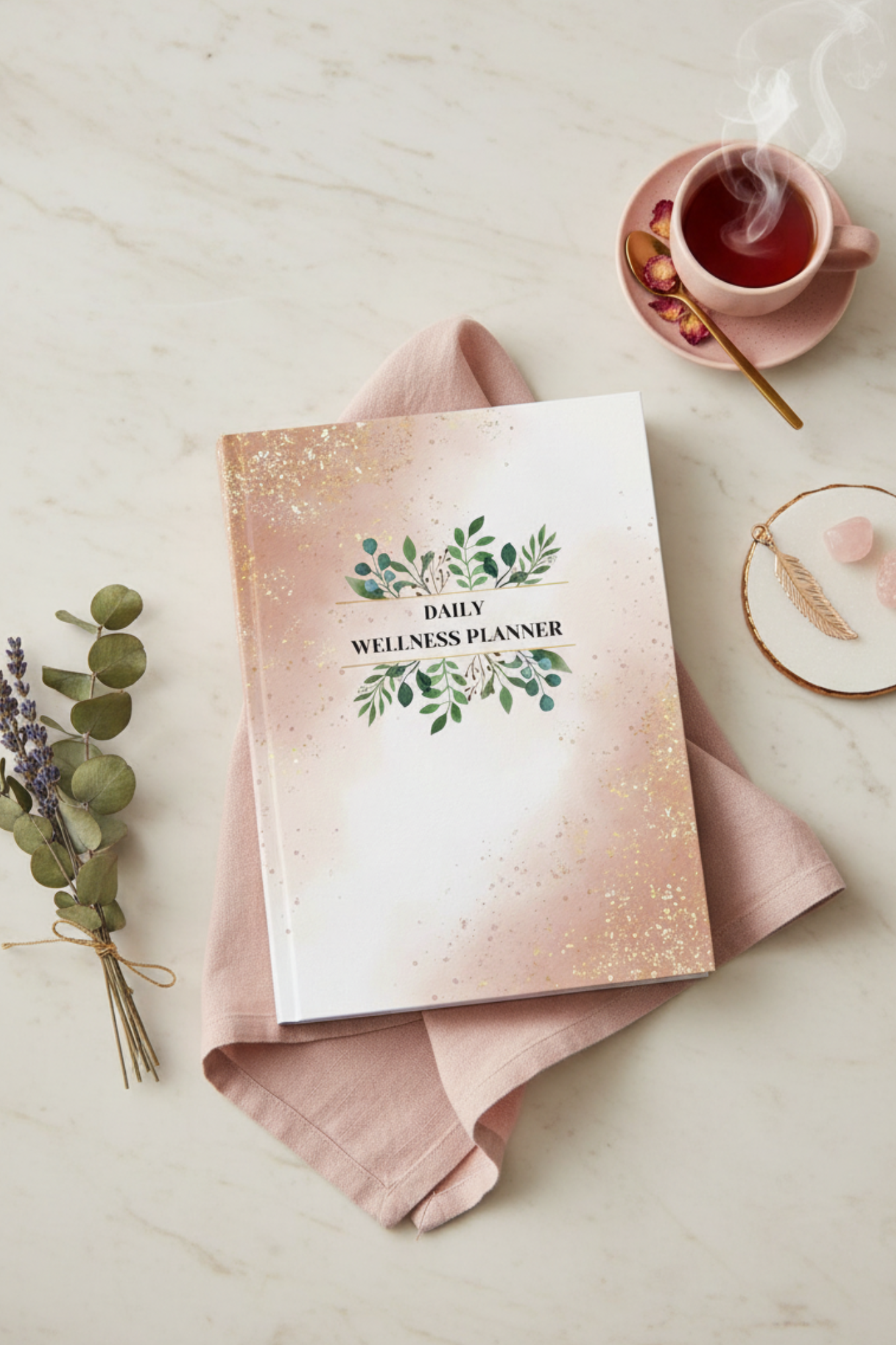 Cover page of a wellness planner with a watercolor floral design and gold splatters on a light pink background, titled "Daily Wellness Planner".