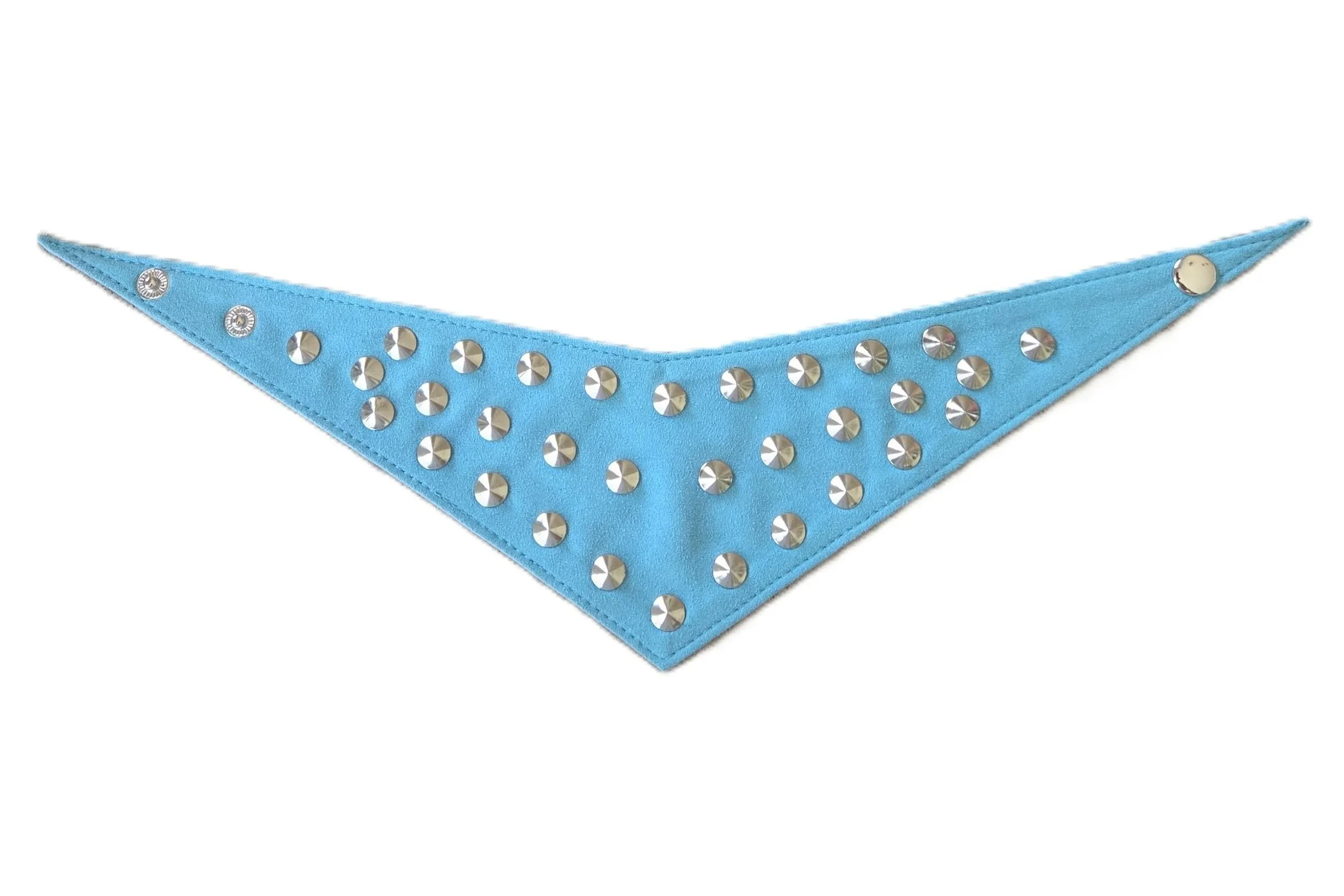 Small turquoise suede studded dog bandana by Best Buddies Bandanas, laid flat.