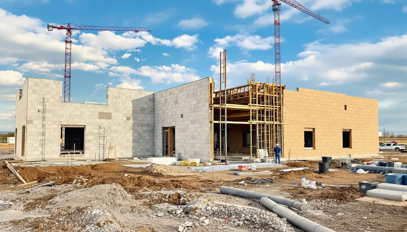 Construction site with partially built building, scaffolding, and cranes during daytime