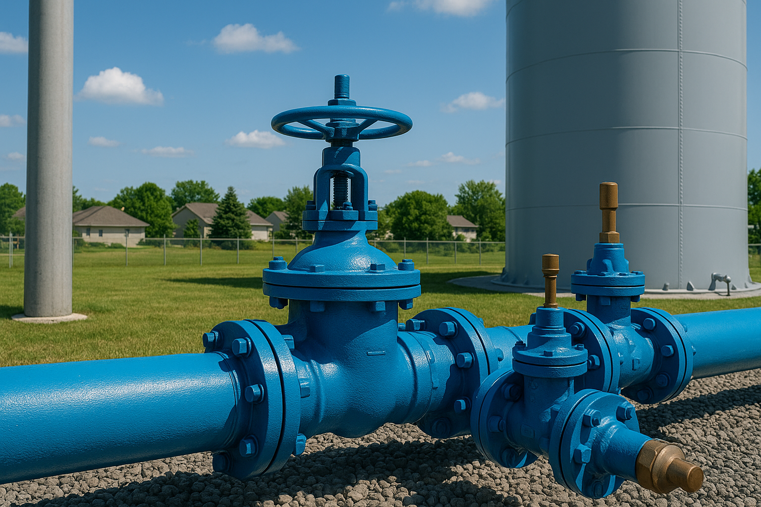 Blue industrial valves connected to pipelines in an outdoor setting with green grass, trees, and houses in the background.