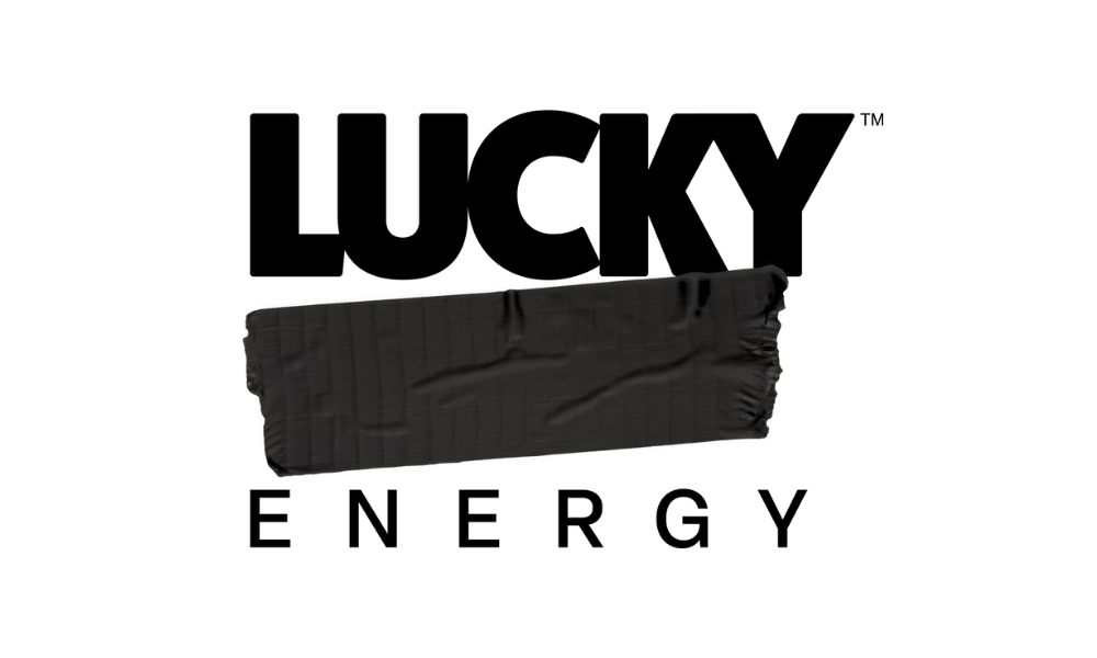Logo with the word "LUCKY" in bold black letters, a piece of black tape covering part of the word, and the word "ENERGY" below in smaller black letters.