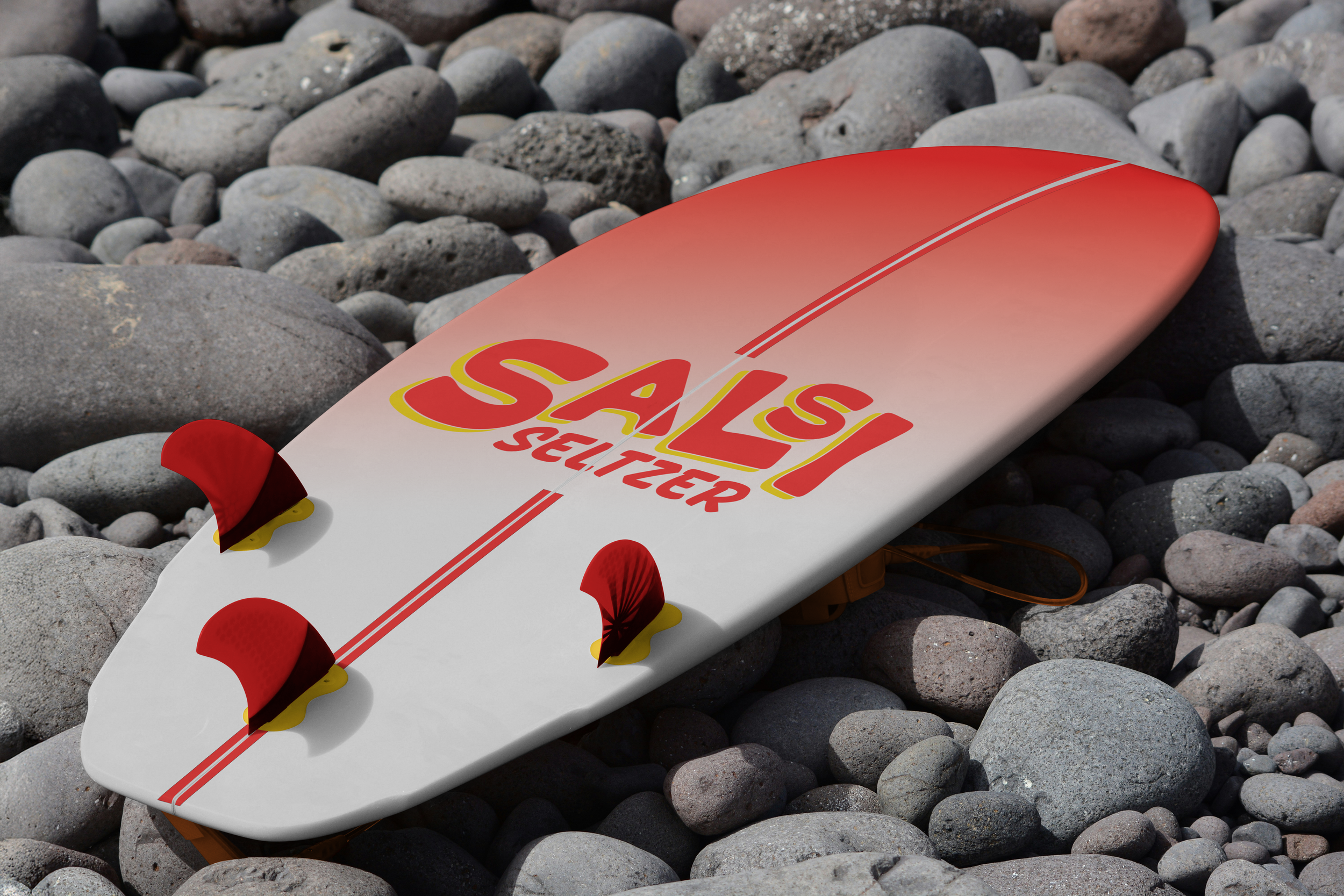 A white surfboard with red and yellow 