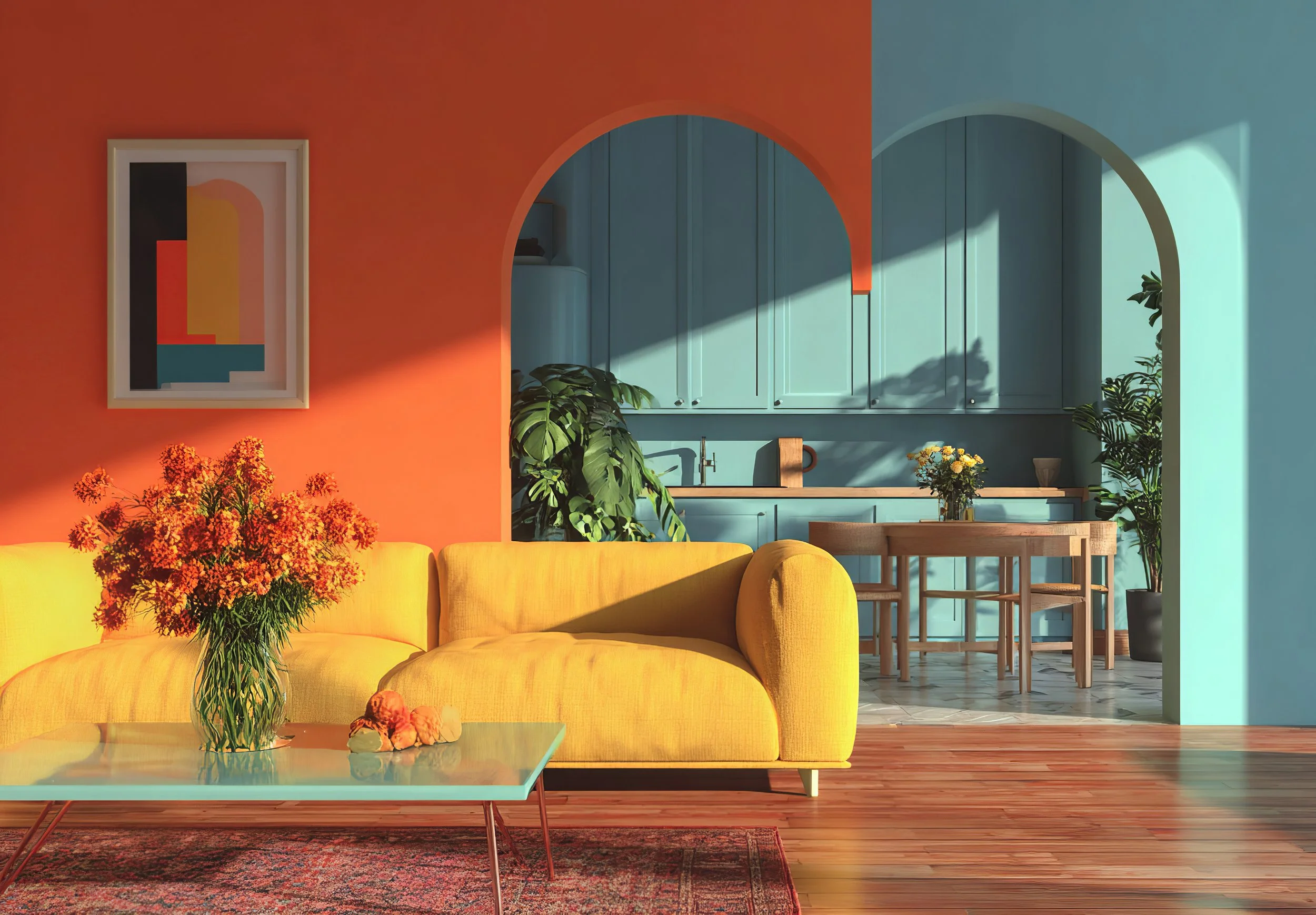 Living room with yellow couch, glass coffee table with flowers, orange and blue walls, and a dining area with plants and a table with flowers.