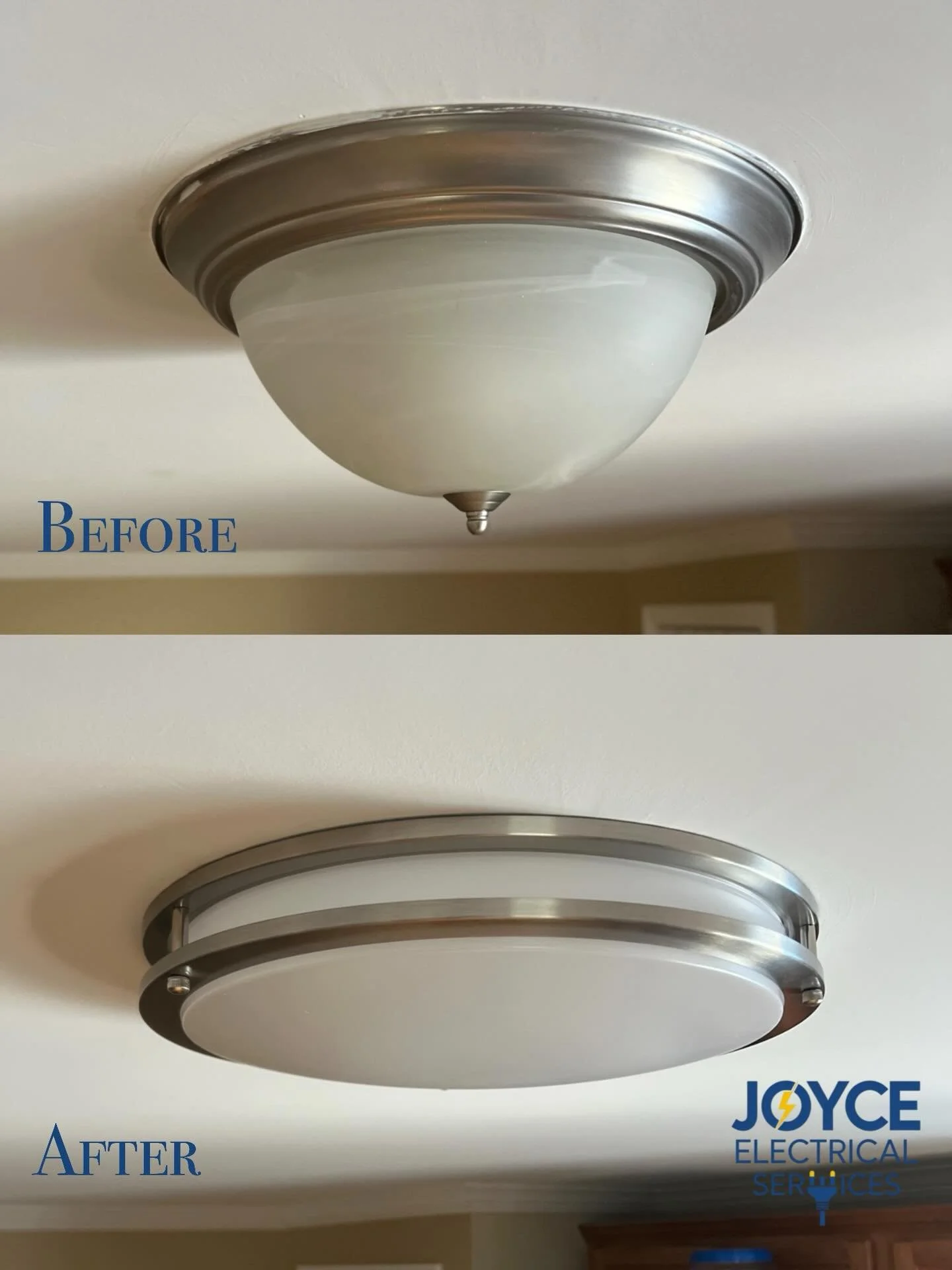 Ceiling light fixture before and after cleaning, with the before image showing a dusty fixture and the after image showing a clean fixture, with the logo of Joyce Electrical Services.