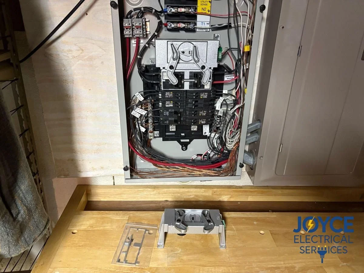 Open electrical panel with wiring and circuit breakers, and a mounting bracket on a wooden surface, with Joyce Electrical Services logo in the bottom right corner.
