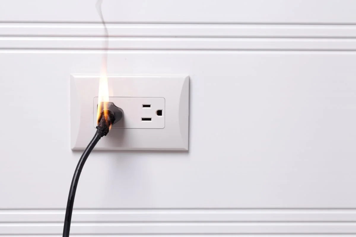 A black electrical cord is plugged into a wall outlet, with visible flames and smoke coming from the plug.