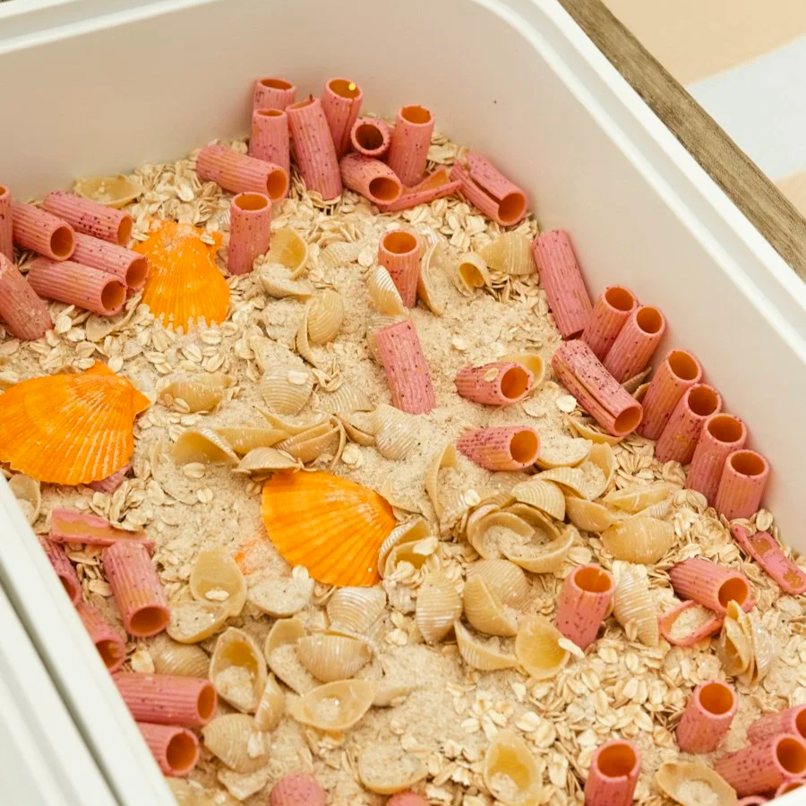 A container filled with dog food that looks like a mixture of dry oats, pasta shells, pink macaroni tubes, and orange shell-shaped biscuits.