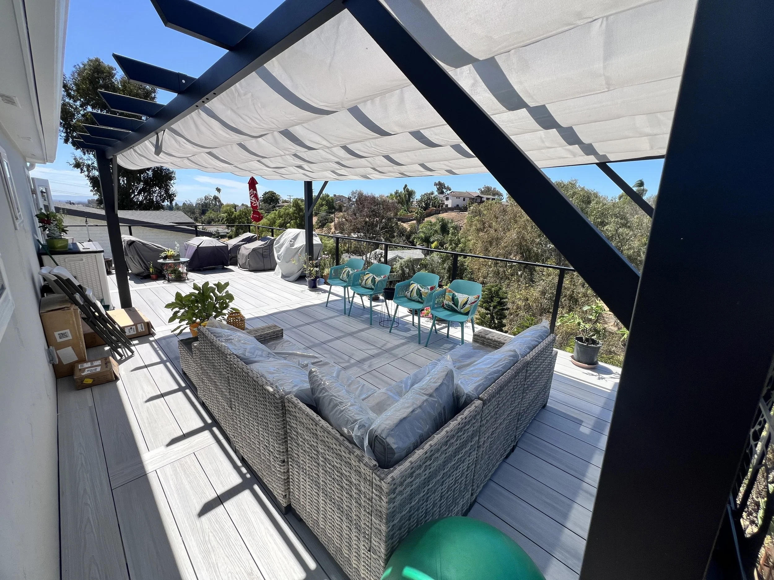 500sq/ft 2nd story CALI Bamboo deck featuring Muzata cable railing and a Mirador Pergola in South Park, San Diego. 