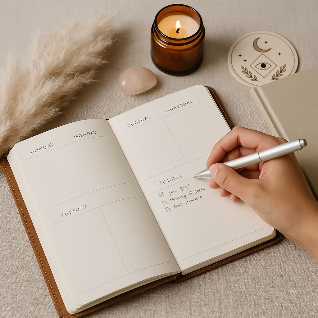 An open planner on a table with handwritten notes on Tuesday, a lit candle in a brown jar, a pink stone, a pampas grass, and a tarot card with an eye, moon, and star symbols.