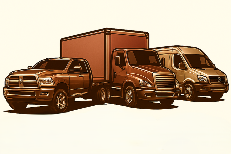 A digital illustration of three different types of cargo vehicles including a pickup truck, a box truck, and a cargo van, all in brown tones.
