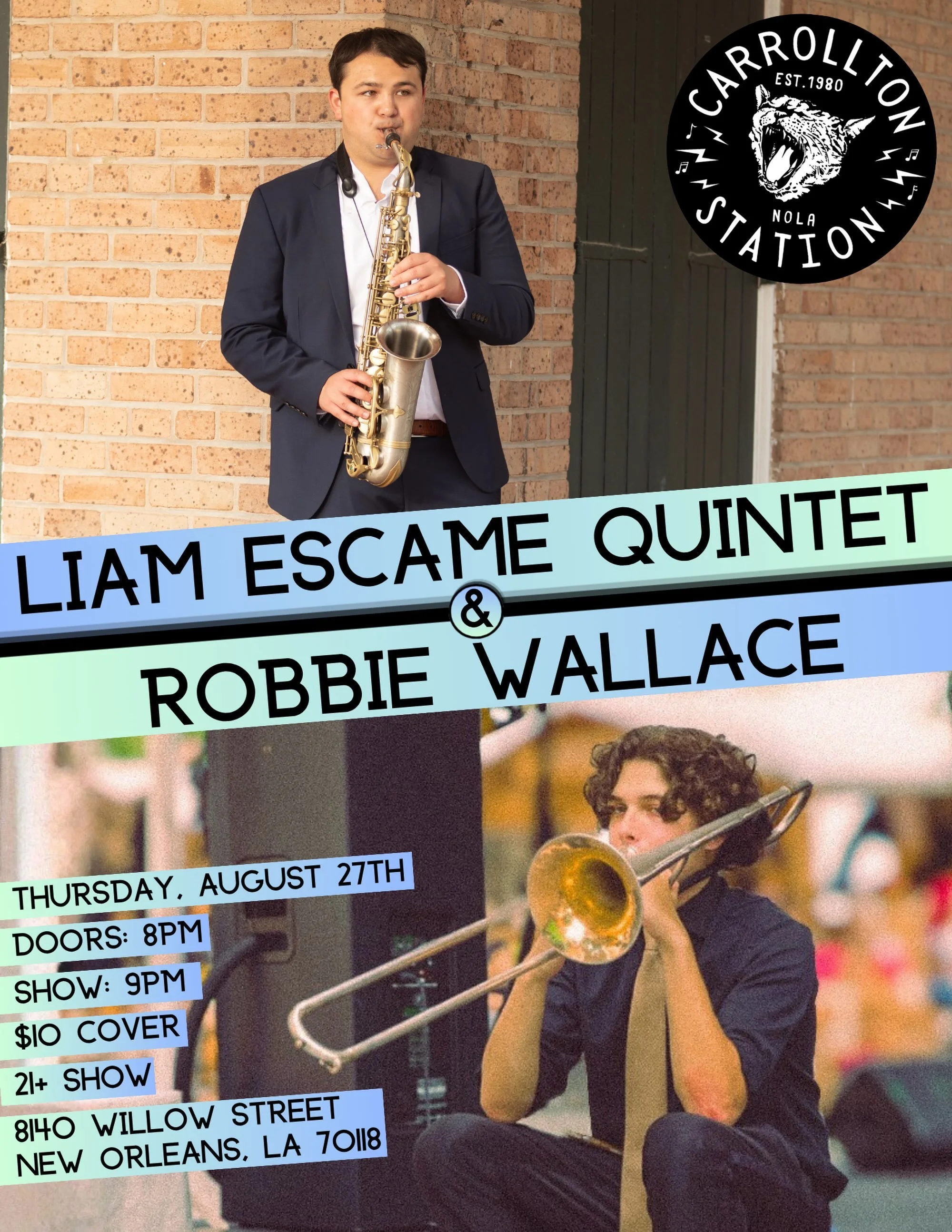 The Liam Escame Quintet returns to Carrollton Station on August 27th with @robbie.w.trombone to bring you bite of saut&eacute;ed swing.

Don&rsquo;t miss out on this amazing double bill!

🎺: @diego.benja.delgado 
🎹: @sethingtonfinch 
🎸: @camjr_05 