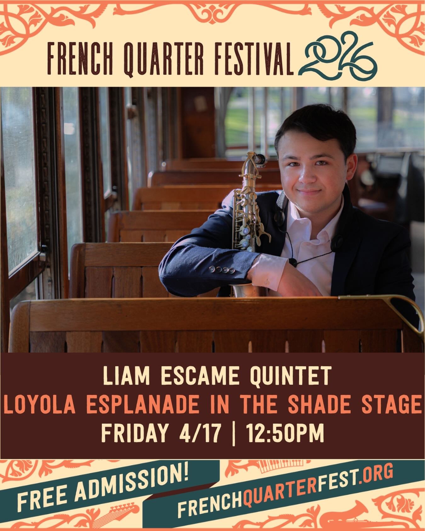 Come check out my band, the Liam Escame Quintet, at French Quarter Fest&rsquo;s Loyola Esplanade in the Shade stage tomorrow, April 17th at 12:50 PM!

The Band:
🎷- myself
🎺 - @diego.benja.delgado 
🎹 - @isaac_briare 
🎸- @lueherrickbass 
🥁- @mackt