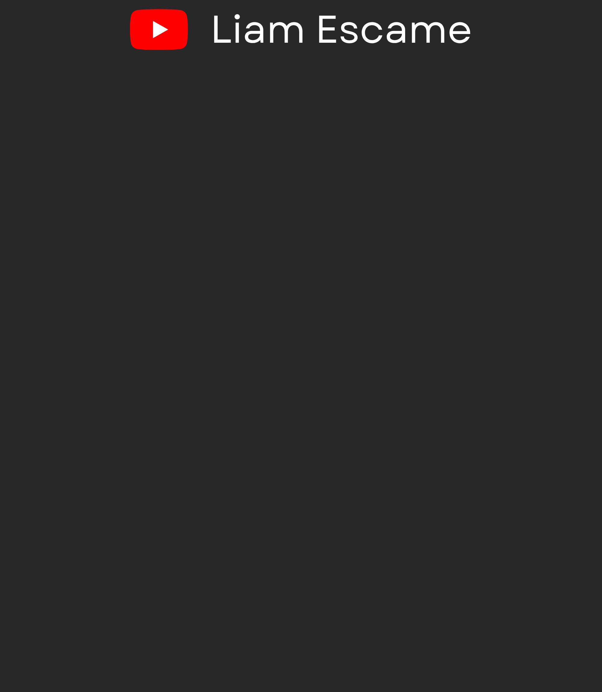 YouTube channel banner featuring a red play button logo on a black background, with the text 'Liam Escame'.