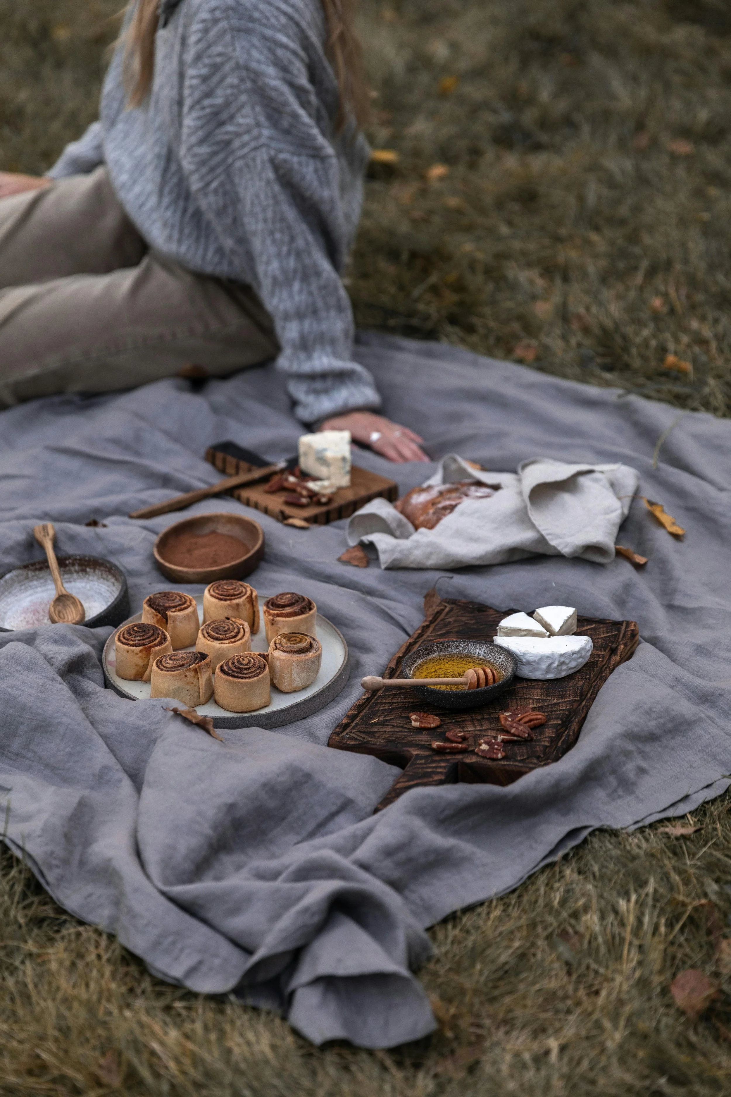 A picnic spread on a gray blanket outdoors with cinnamon rolls, cheese, honey, pecans, a loaf of bread, and a cheese knife, with a person sitting nearby.