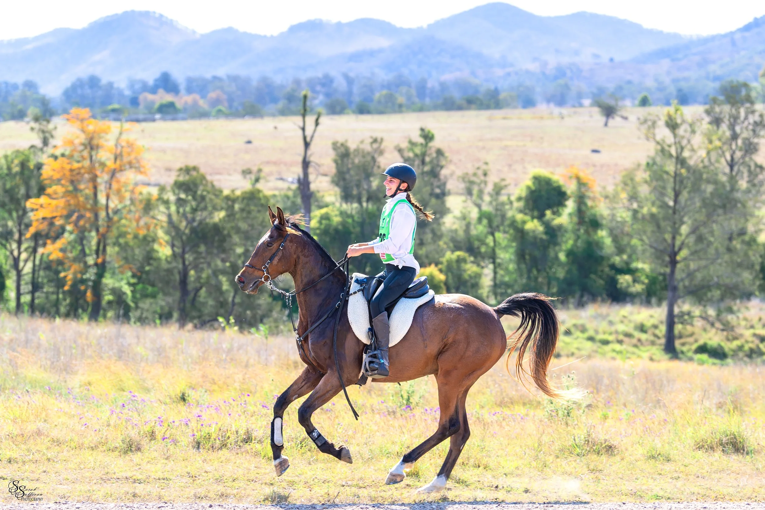 A young woman riding a brown horse through an open field with green trees and hills in the background, wearing a riding helmet and a white shirt.