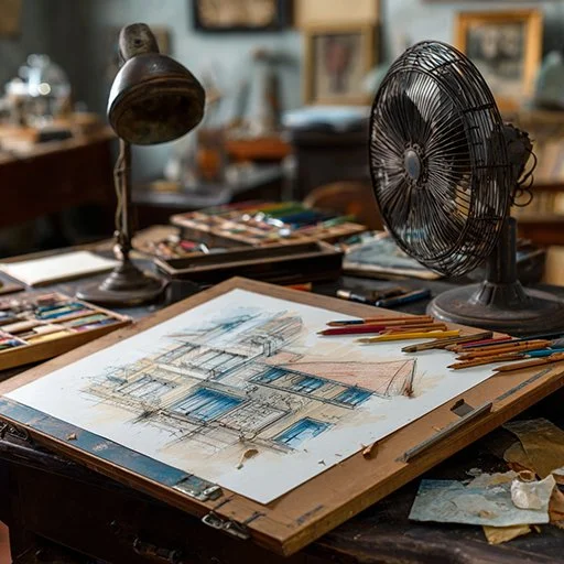 an image of a vintage drafting desk with a colored pencil rendering of a residential elevation drawn by hand.