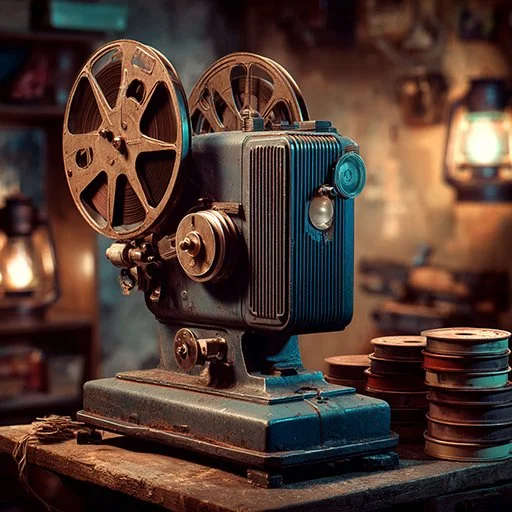 an image of a vintage projector on a desk with a stack of film tins and a vintage fan and a vintage lamp