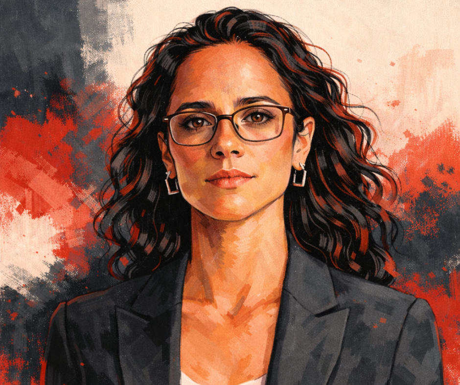 Portrait illustration of a composed professional woman symbolizing judgment-first leadership, ethical decision-making, and steady authority for women navigating AI and high-stakes workplace decisions.