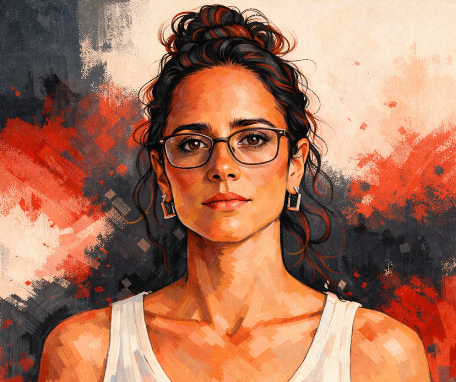 Portrait illustration of a composed professional woman wearing glasses, symbolizing steady leadership, clean execution, and calm authority for high-functioning women working at the right altitude.