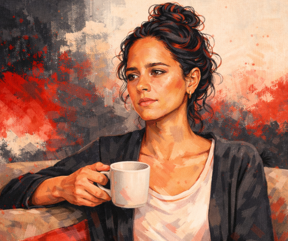 Illustrated portrait of a reflective woman holding coffee, symbolizing high-functioning women reclaiming their voice and identity, set against a dramatic red abstract background representing emotional rebellion and personal awakening.