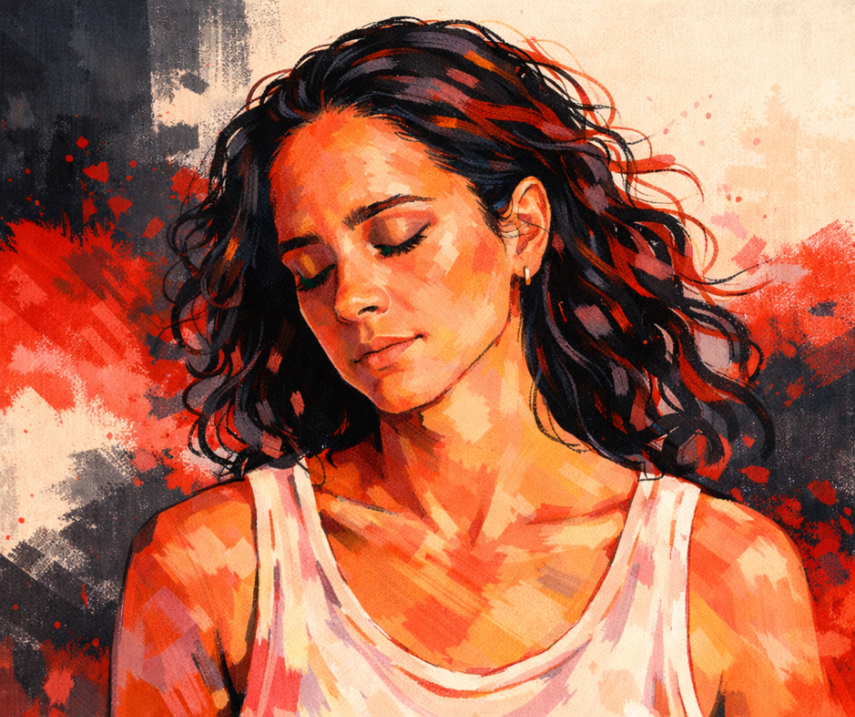 Artistic portrait of a woman with eyes closed in emotional reflection, symbolizing identity repair and private self-return for high-functioning women, set against a dramatic red abstract background representing release after performance.