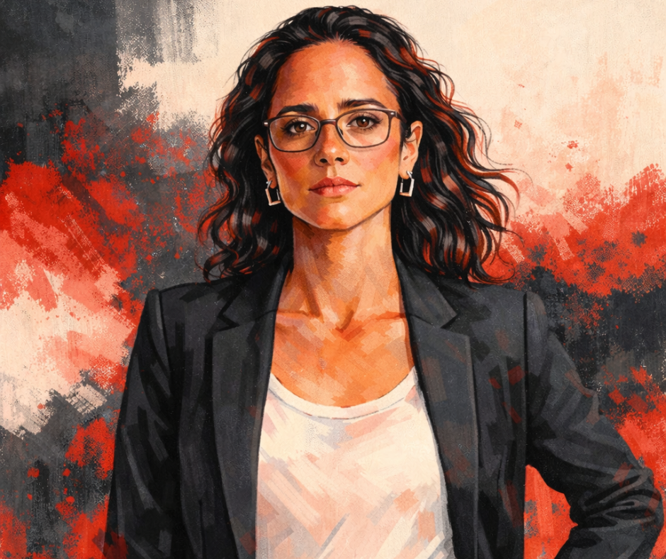 Portrait illustration of a composed professional woman symbolizing integrated leadership, calm execution, and judgment-first decision-making for women navigating AI and high-stakes responsibility.