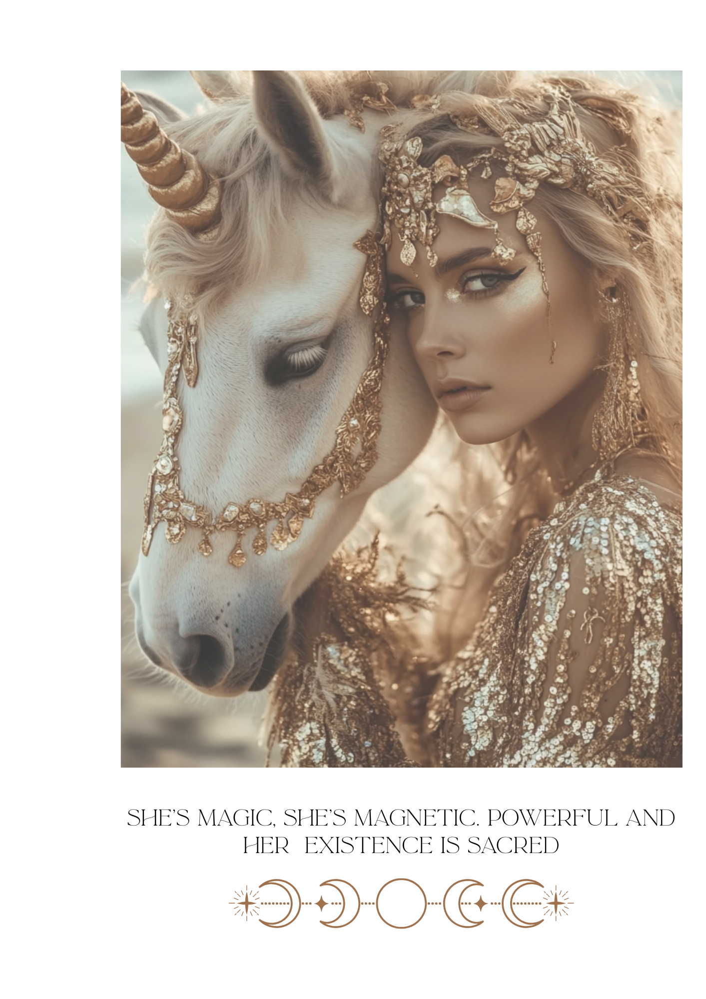 A woman with golden makeup and elaborate golden jewelry is closely positioned next to a white unicorn adorned with golden decorations.