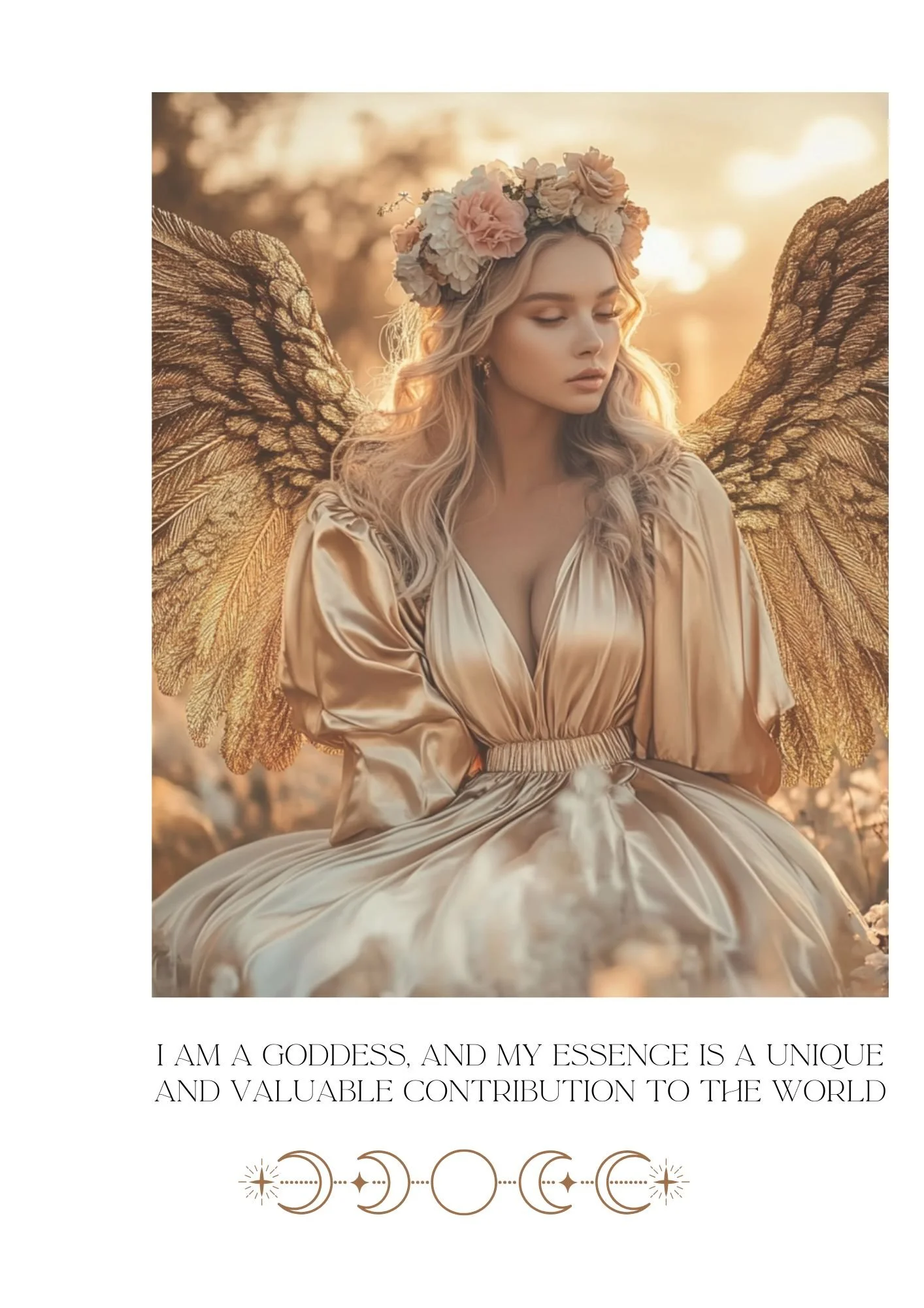 A woman dressed in a golden gown, with golden fairy wings and a flower crown, sitting outdoors during sunset with a calm, introspective expression.