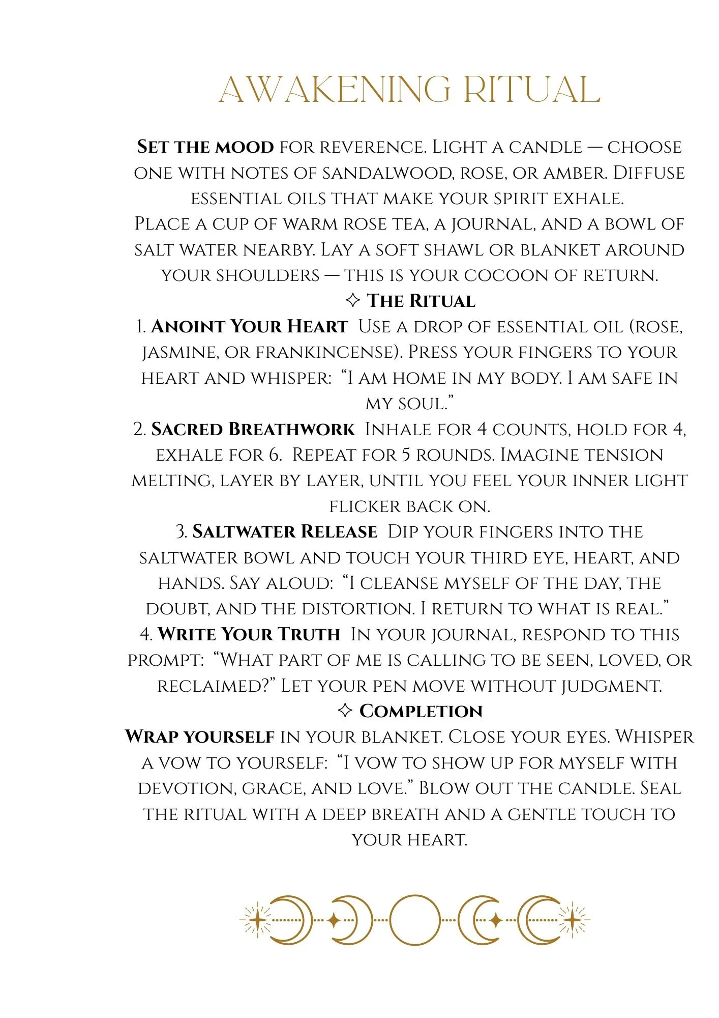 Instructions for an awakening ritual, including setting the mood with a candle, tea, and salt water; steps for anointing, breathwork, releasing, and reflection; decorative moon phases at the bottom.
