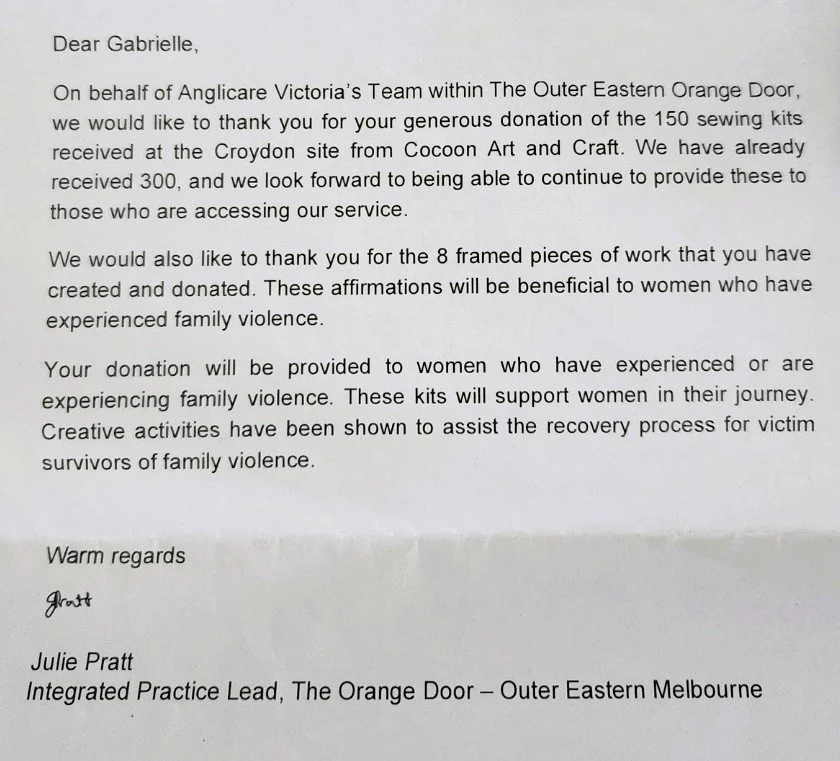 Donated 450 Craft kits to Orange door to assist women recovering from Trauma