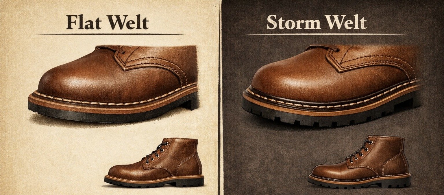 The visual difference between a flat welt and a storm welted boot