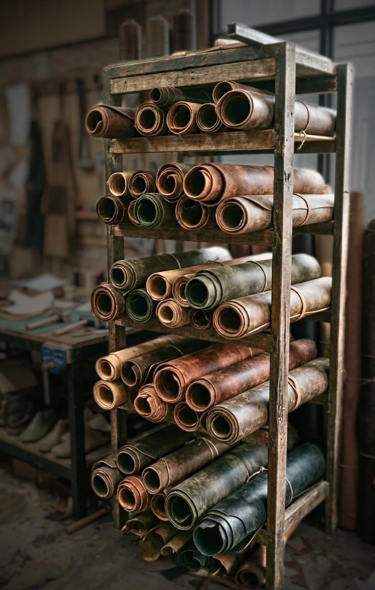 a wooden rack filled up with rolls of boot leather