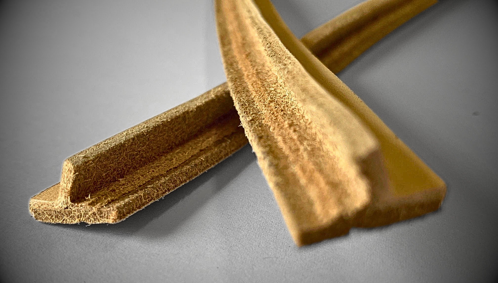 a split leather welt that will be used as a storm welt on a boot